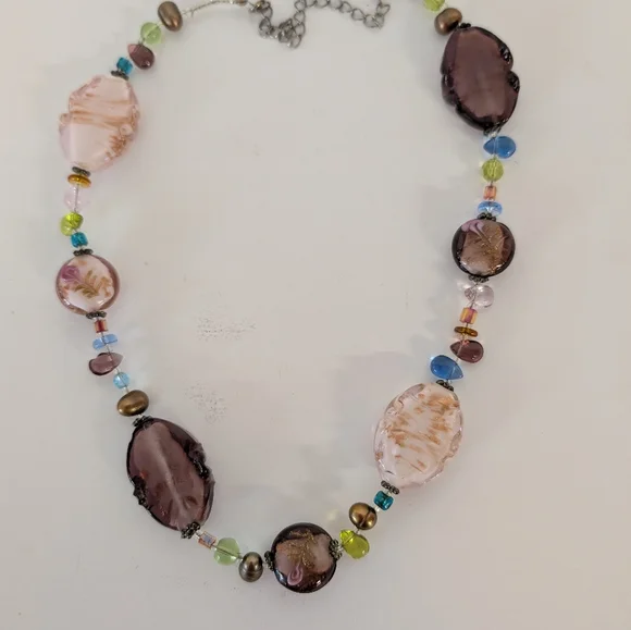 Necklace Venetian Murano Pink Purple Beaded - Picture 3 of 8